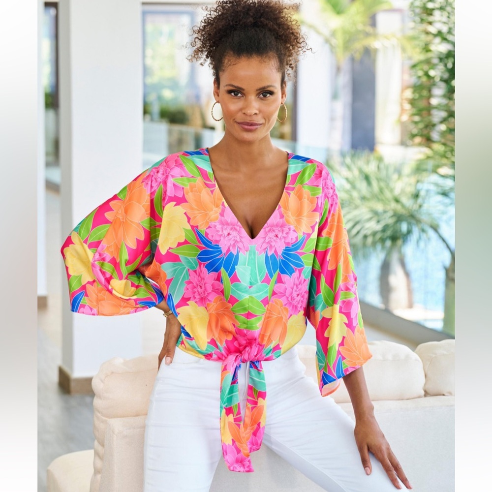 Boston Proper Multicolor Tropical Floral Tie-Front Blouse